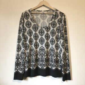 Fairygrune Black White Floral Lace Print Stretchy Top Office Siren Career - M